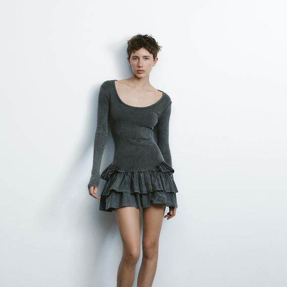 Zara Gray Long Sleeve Acid Wash Effect Mini Dress NWT Size L - Picture 2 of 7